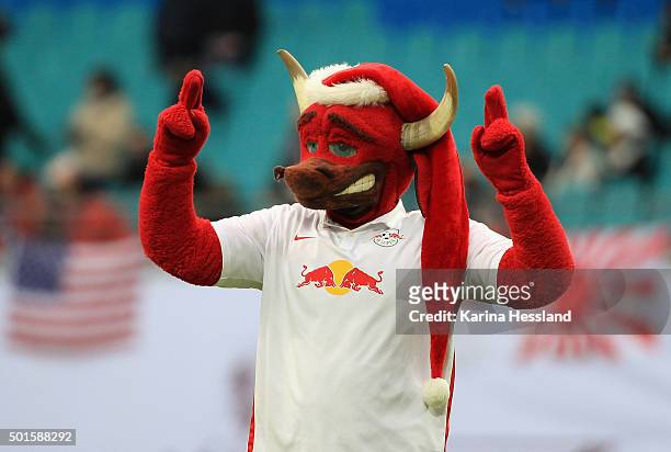 Mascot Bulli of Leipzig with Christmas cap during the Second Bundesliga match between RB Leipzig and FSV Frankfurt at Red Bull Arena on December 13,...