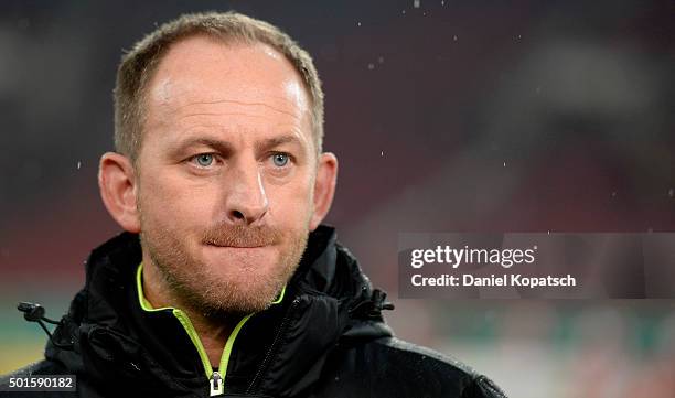 Coach Torsten Lieberknecht of Braunschweig looks on prior to the round of sixteen DFB Cup match between VfB Stuttgart and Eintracht Braunschweig at...