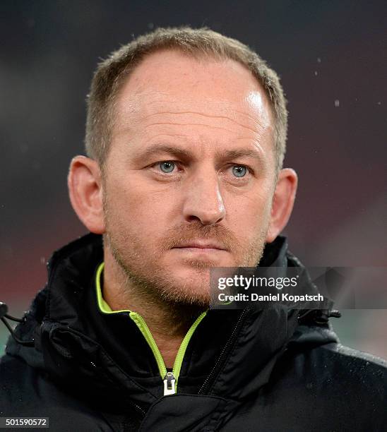 Coach Torsten Lieberknecht of Braunschweig looks on prior to the round of sixteen DFB Cup match between VfB Stuttgart and Eintracht Braunschweig at...