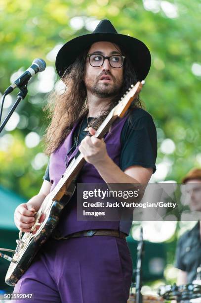 American musician Sean Lennon plays guitar with his band The Ghost of a Saber Tooth Tiger at a benefit concert for and at Central Park SummerStage,...