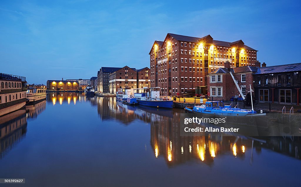 Historic docks of Gloucester at dusk