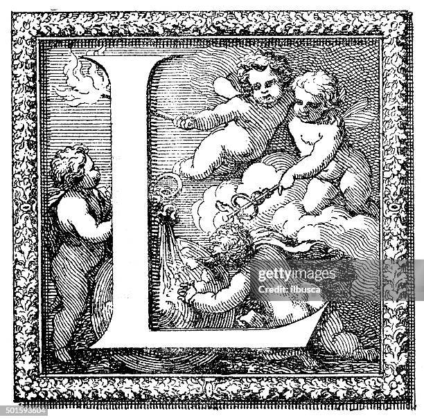 antique illustration of ornate letter l, with four little angels - angels crest stock illustrations