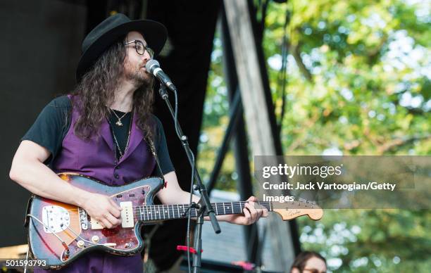 American musician Sean Lennon plays guitar with his band The Ghost of a Saber Tooth Tiger at a benefit concert for and at Central Park SummerStage,...