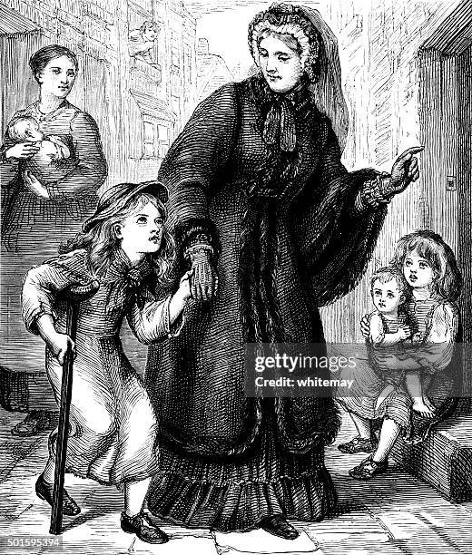 victorian woman with a little disabled girl - limping stock illustrations