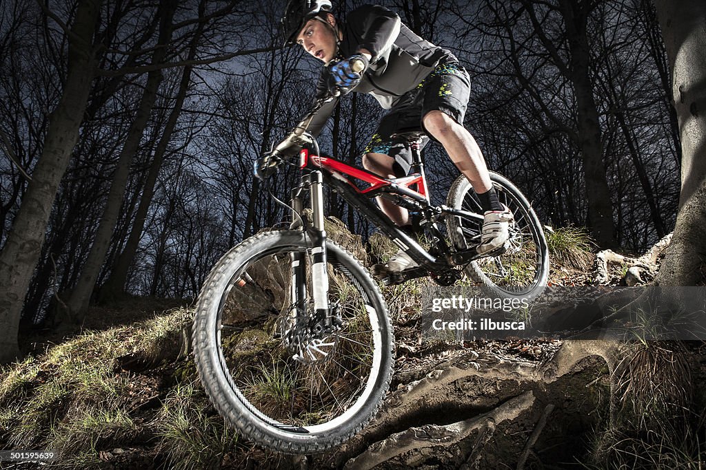 Downhill enduro mountain bike jump in the woods.