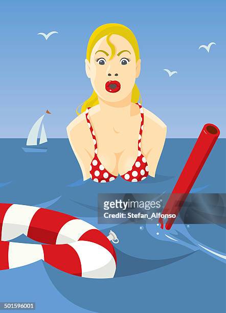 blonde girl in the sea, looking at approaching snorkel - blonde attraction stock illustrations