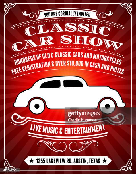 classic car show poster on red background - motor show stock illustrations