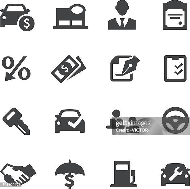 stockillustraties, clipart, cartoons en iconen met auto dealership icons - acme series - car salesperson