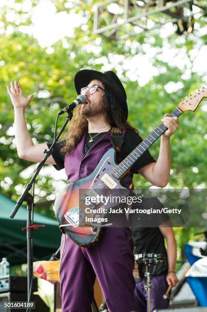 American musician Sean Lennon plays guitar with his band The Ghost of a Saber Tooth Tiger at a benefit concert for and at Central Park SummerStage,...