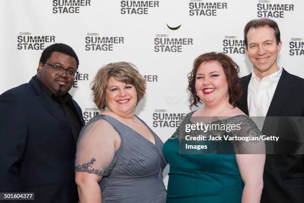 Backstage portrait of, from left, Metropolitan Opera singers tenor Russell Thomas, soprano Ashley Wagner, mezzo-soprano Jamie Barton, and piano...