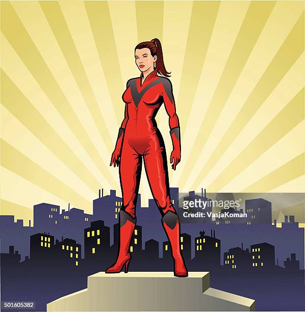 stockillustraties, clipart, cartoons en iconen met female superhero in standing pose with skyline - heldin