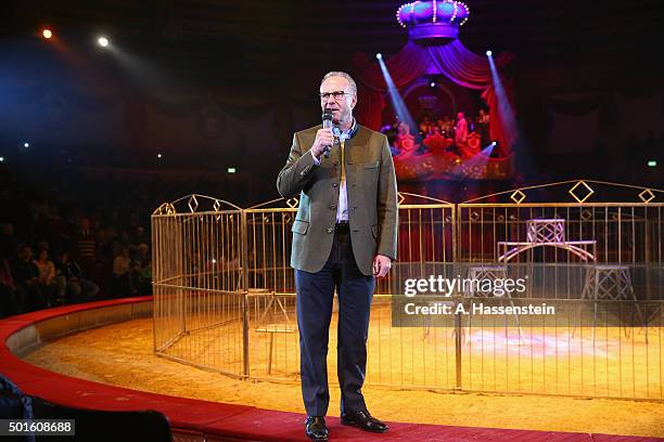 Karl-Heinz Rummenigge, CEO of FC Bayern Muenchen speaks during the FC Bayern Muenchen Circus Gala Weihnachten 2015 at Circus Krone on December 16,...