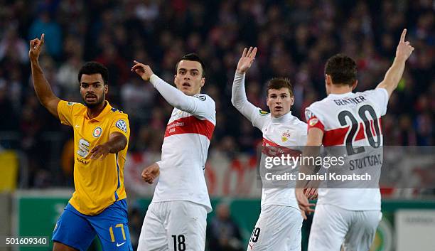 Phil Ofosu-Ayeh of Braunschweig reacts during the round of sixteen DFB Cup match between VfB Stuttgart and Eintracht Braunschweig at Mercedes-Benz...