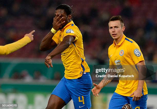 Joseph Baffo of Braunschweig celebrates his team's first goal during the round of sixteen DFB Cup match between VfB Stuttgart and Eintracht...