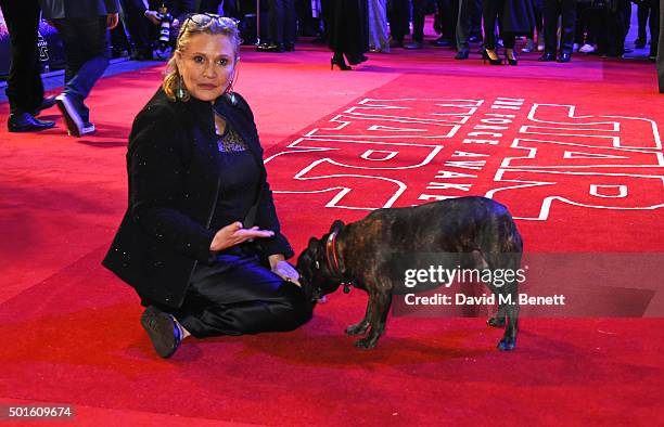 Carrie Fisher and dog Gary attends the European Premiere of "Star Wars: The Force Awakens" in Leicester Square on December 16, 2015 in London,...