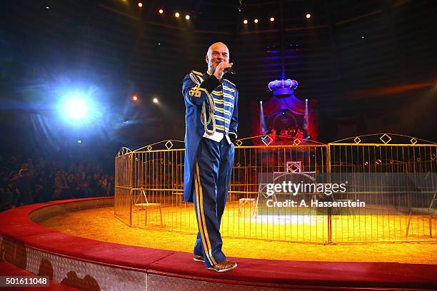 Stephan Lehmann, stadium announcer Allianz Arena speaks during the FC Bayern Muenchen Circus Gala Weihnachten 2015 at Circus Krone on December 16,...