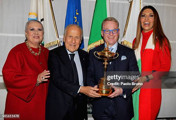 Laura Biagiotti, Italian Golf Federation President Franco Chimenti and European Tour CEO Keith Pelley and Lavinia Biagiotti pose with the Ryder Cup...