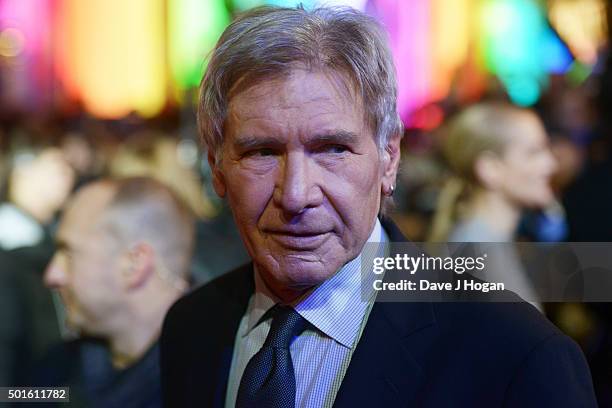 Harrison Ford attends the European Premiere of "Star Wars: The Force Awakens" at Leicester Square on December 16, 2015 in London, England.