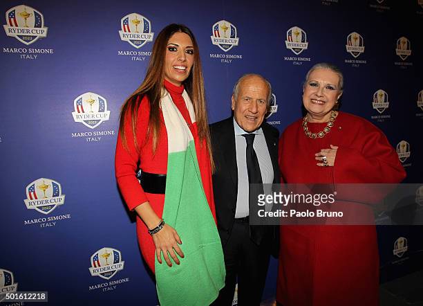 Lavinia Biagiotti, Italian Golf Federation President Franco Chimenti and Laura Biagiotti pose before the Ryder Cup 2022 press conference at Foro...
