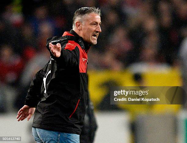 Coach Juergen Kramny of Stuttgart reacts during the round of sixteen DFB Cup match between VfB Stuttgart and Eintracht Braunschweig at Mercedes-Benz...