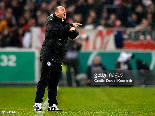 Coach Torsten Lieberknecht of Braunschweig reacts during the round of sixteen DFB Cup match between VfB Stuttgart and Eintracht Braunschweig at...
