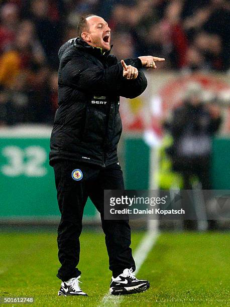 Coach Torsten Lieberknecht of Braunschweig reacts during the round of sixteen DFB Cup match between VfB Stuttgart and Eintracht Braunschweig at...