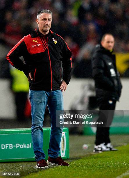 Coach Juergen Kramny of Stuttgart reacts during the round of sixteen DFB Cup match between VfB Stuttgart and Eintracht Braunschweig at Mercedes-Benz...