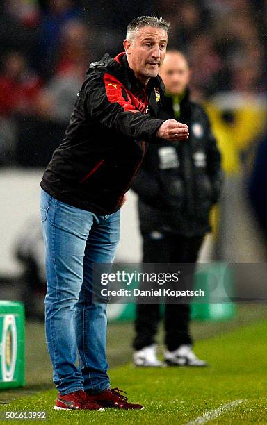 Coach Juergen Kramny of Stuttgart reacts during the round of sixteen DFB Cup match between VfB Stuttgart and Eintracht Braunschweig at Mercedes-Benz...