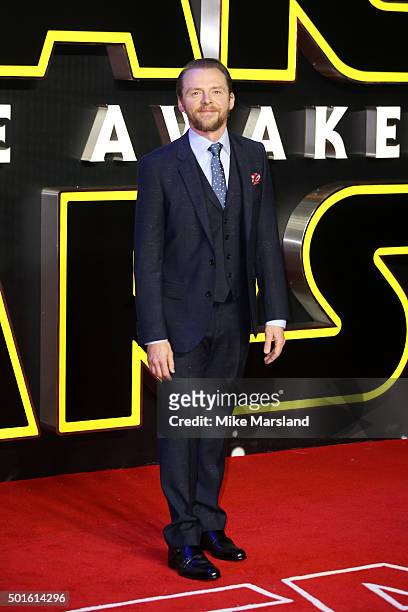 Actor Simon Pegg attends the European Premiere of "Star Wars: The Force Awakens" at Leicester Square on December 16, 2015 in London, England.