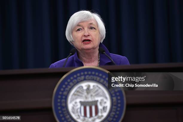 Federal Reserve Bank Chair Janet Yellen holds a news conference where she announced that the Fed will raise its benchmark interest rate for the first...