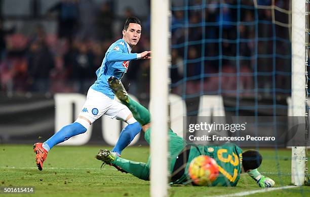 Napoli's player Jose Maria Callejon scores the goal of 3-0 during the TIM Cup match between SSC Napoli and Hellas Verona FC at Stadio San Paolo on...