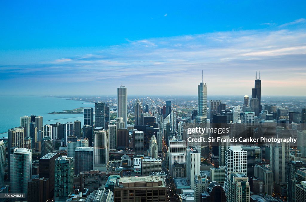Aerial image of Chicago skyline with blue sky