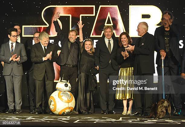 Cast and crew including J.J. Abrams, Lawrence Kasdan, Mark Hamill, Carrie Fisher, Harrison Ford, Kathleen Kennedy, Max von Sydow and Peter Mayhew...