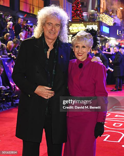 Brian May and Anita Dobson attend the European Premiere of "Star Wars: The Force Awakens" in Leicester Square on December 16, 2015 in London, England.