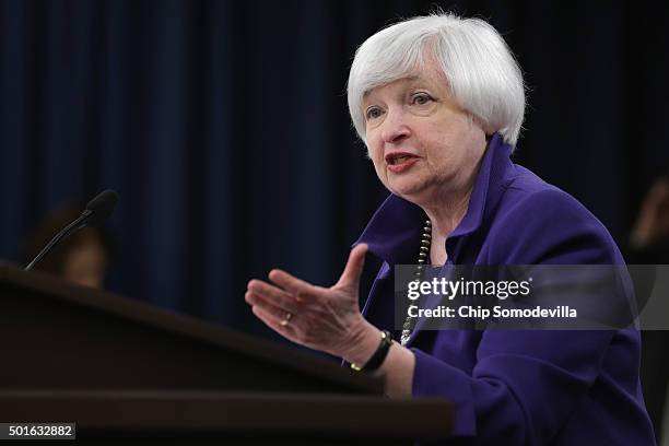 Federal Reserve Bank Chair Janet Yellen holds a news conference where she announced that the Fed will raise its benchmark interest rate for the first...