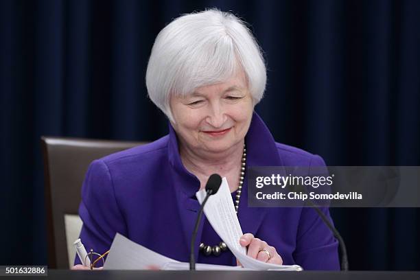 Federal Reserve Bank Chair Janet Yellen holds a news conference where she announced that the Fed will raise its benchmark interest rate for the first...