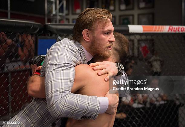 Conor McGregor hugs Artem Lobov after his knockout victory over Julian Erosa during the filming of The Ultimate Fighter: Team McGregor vs Team Faber...
