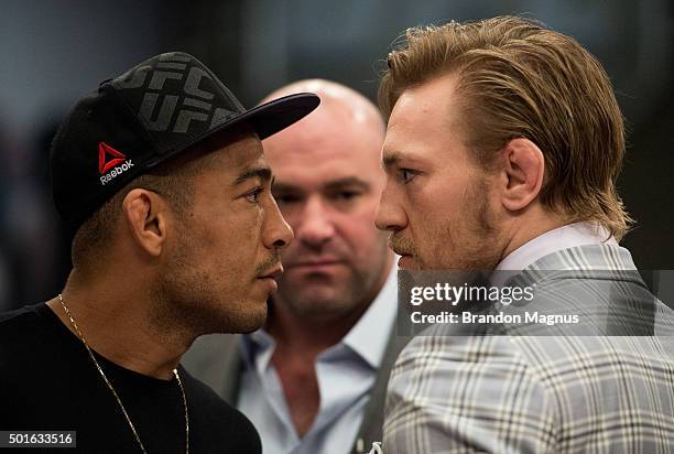 Interim featherweight champion Conor McGregor and UFC featherweight Champion Jose Aldo face off during the filming of The Ultimate Fighter: Team...