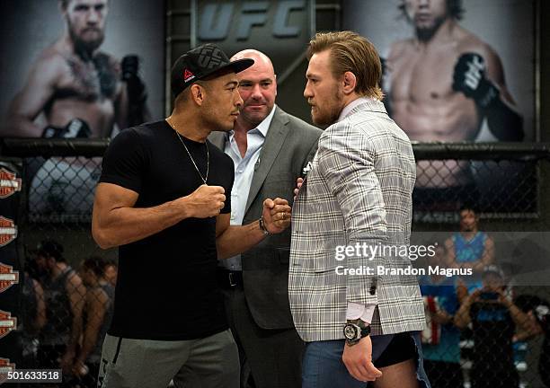 Interim featherweight champion Conor McGregor and UFC featherweight Champion Jose Aldo face off during the filming of The Ultimate Fighter: Team...