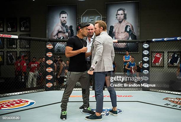 Interim featherweight champion Conor McGregor and UFC featherweight Champion Jose Aldo face off during the filming of The Ultimate Fighter: Team...