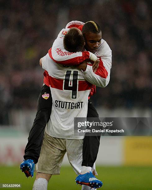 Toni Sunjic of Stuttgart celebrates his team's third goal with Serey Die of Stuttgart during the round of sixteen DFB Cup match between VfB Stuttgart...