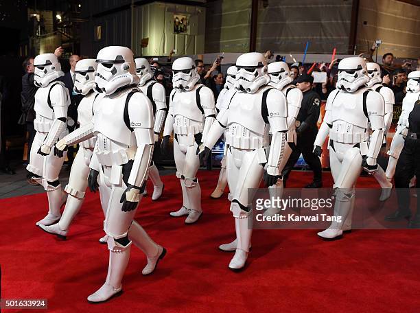 Stormtroopers arriving for the European Premiere of "Star Wars: The Force Awakens" at Leicester Square on December 16, 2015 in London, England.