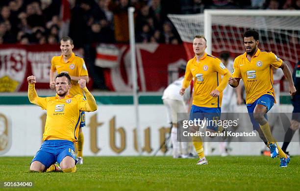 Ken Reichel of Braunschweig celebrates his team's second goal during the round of sixteen DFB Cup match between VfB Stuttgart and Eintracht...