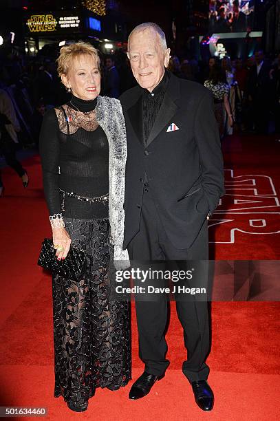 Max von Sydow and wife Catherine Brelet attend the European Premiere of "Star Wars: The Force Awakens" at Leicester Square on December 16, 2015 in...