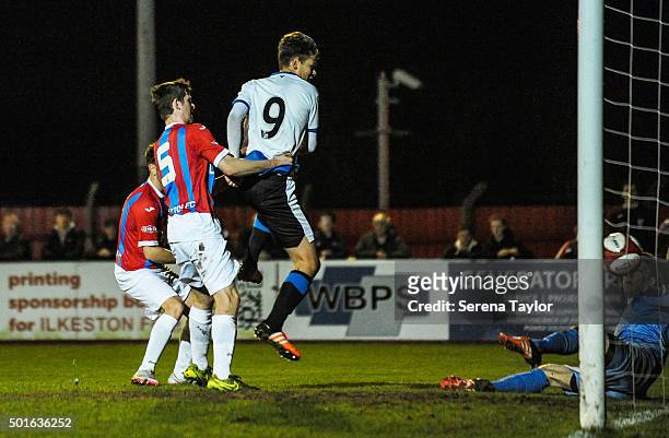 Lewis McNall of Newcastle scores the opening goal during the U18 FA Youth Cup Match between Ilkeston and Newcastle United at The New Manor Ground on...