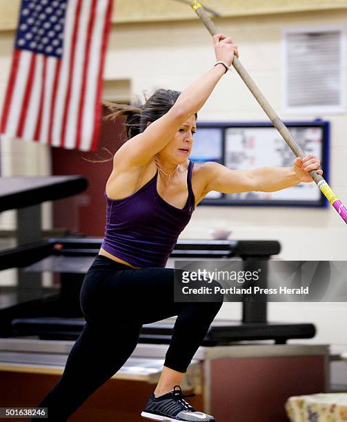 Alyssa Coyne of Greely works on her pole vault techniques during practice Monday, December 7, 2015.