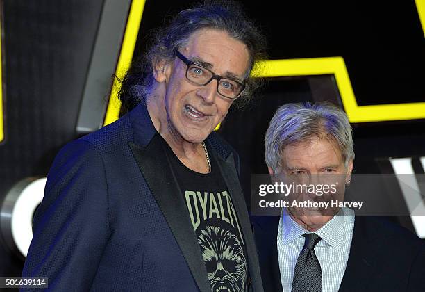 Peter Mayhew and Harrison Ford attend the European Premiere of "Star Wars: The Force Awakens" at Leicester Square on December 16, 2015 in London,...