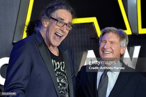 Peter Mayhew and Harrison Ford attend the European Premiere of "Star Wars: The Force Awakens" at Leicester Square on December 16, 2015 in London,...