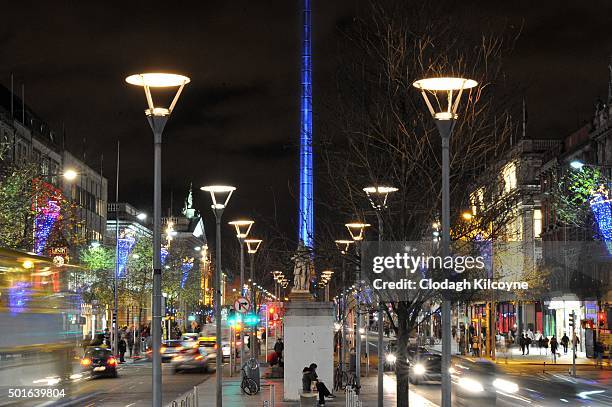 The Spire on O'Connell Street was transformed into one of the World's largest lightsaber models standing at 398 feet on December 16, 2015 in Dublin,...