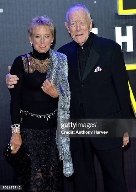 Max von Sydow and wife Catherine Brelet attend the European Premiere of "Star Wars: The Force Awakens" at Leicester Square on December 16, 2015 in...